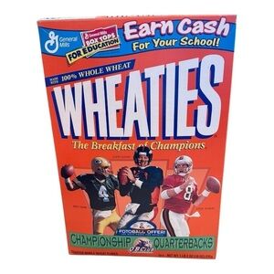 General Mills Wheaties cereal box from 1995 featuring three NFL quarterbacks.